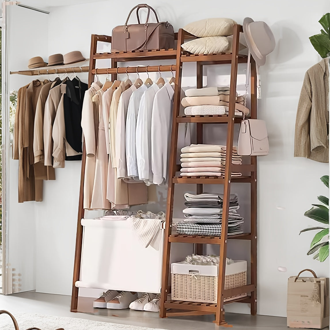 50.69in Apartment, bedroom Indispensable Cloth Bag Hangers 31.98in Portable Bamboo Wardrobe: Storage Organizer withHangers, Shelves, Bags, 5 Side Racks. Sturdy, Durable Quick & Easy Assembly. Ideal for Premium Stores, Laundry, Balconies.