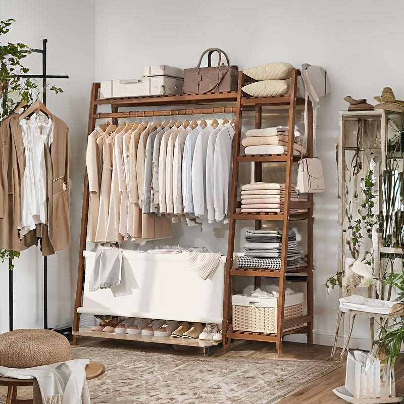 50.69in Apartment, bedroom Indispensable Cloth Bag Hangers 31.98in Portable Bamboo Wardrobe: Storage Organizer withHangers, Shelves, Bags, 5 Side Racks. Sturdy, Durable Quick & Easy Assembly. Ideal for Premium Stores, Laundry, Balconies.