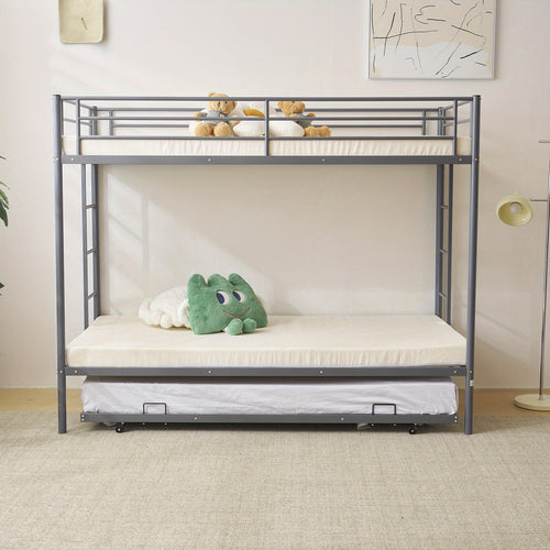 3in 1 Triple Bunk Bed, Metal Bunk Bed, Double Metal Bunk Bed with Rollers, Suitable for Adults, Safety Rails, 2 Side Ladder Sections, Space Saving Bunk Bed