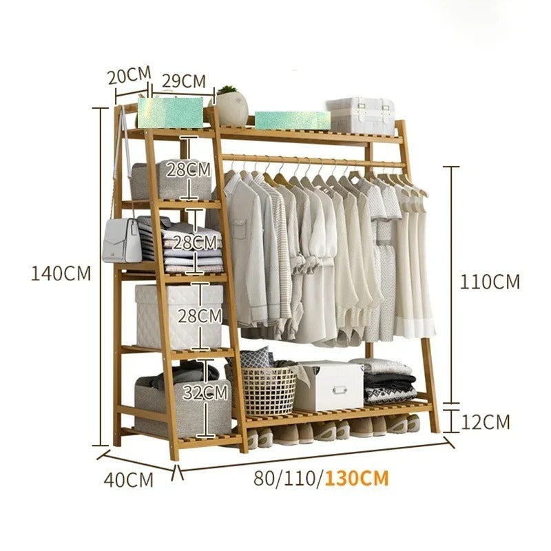 50.69in Apartment, bedroom Indispensable Cloth Bag Hangers 31.98in Portable Bamboo Wardrobe: Storage Organizer withHangers, Shelves, Bags, 5 Side Racks. Sturdy, Durable Quick & Easy Assembly. Ideal for Premium Stores, Laundry, Balconies.