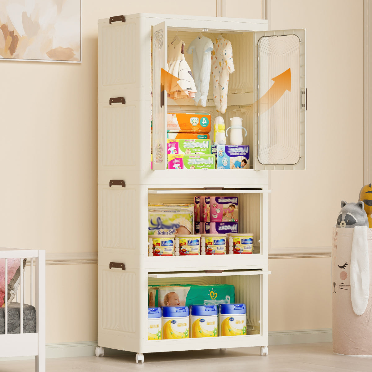 Portable Clothing Storage Organizer with a Wardrobe Design, Featuring a Dresser, Magnetic Closure, 4 Cubes, a Hanging Rod, And 10 Hangers, Available in White, Portable Closets