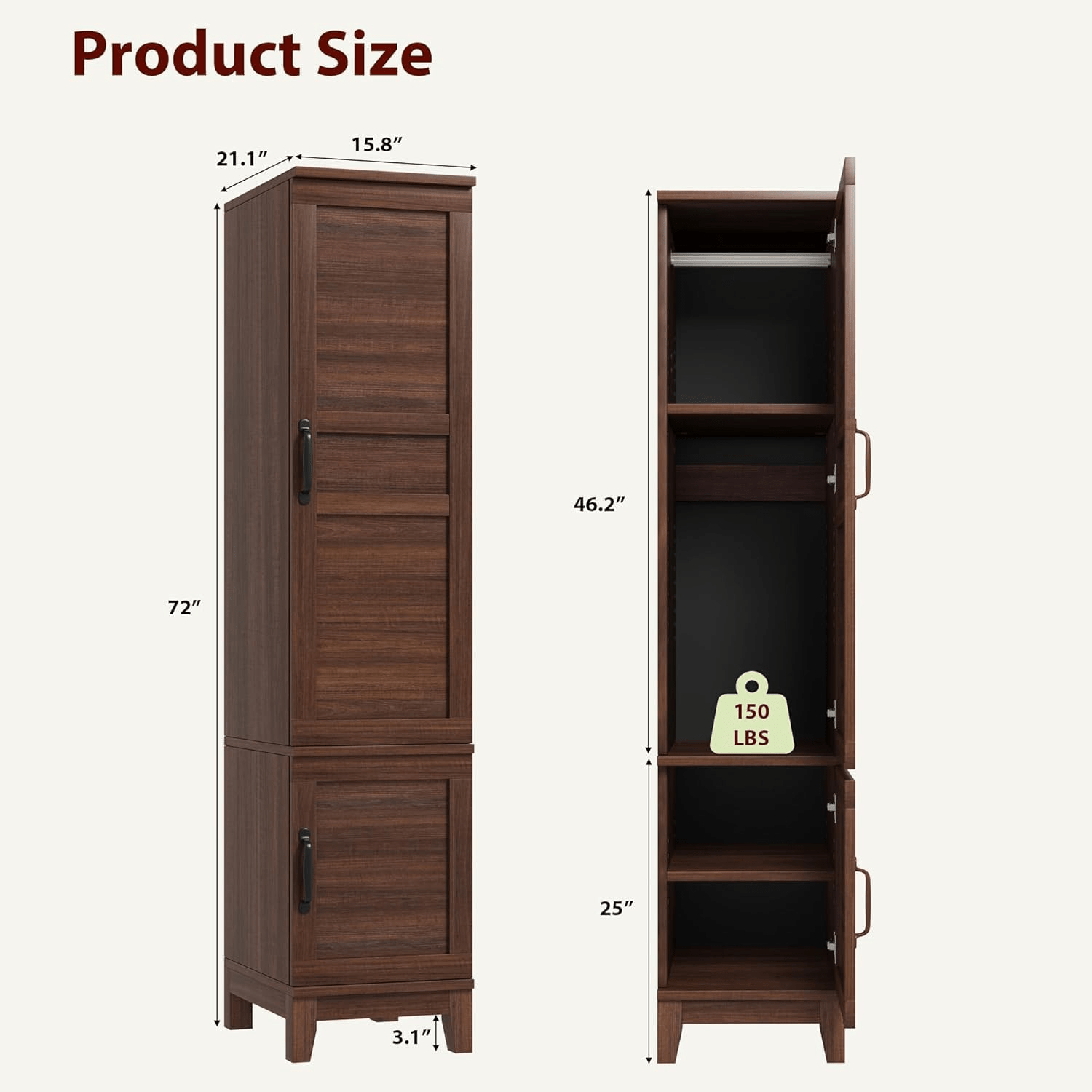 Heavy-Duty Walnut Armoire Wardrobe Closet with 2 Doors, 72-Inch Height, Hanging Rod & 18 Adjustable Shelves - Narrow Brown Wood Suitable for Bedroom, Dressing Room, Small Spaces, Space-Saving Organizer, Portable Closets