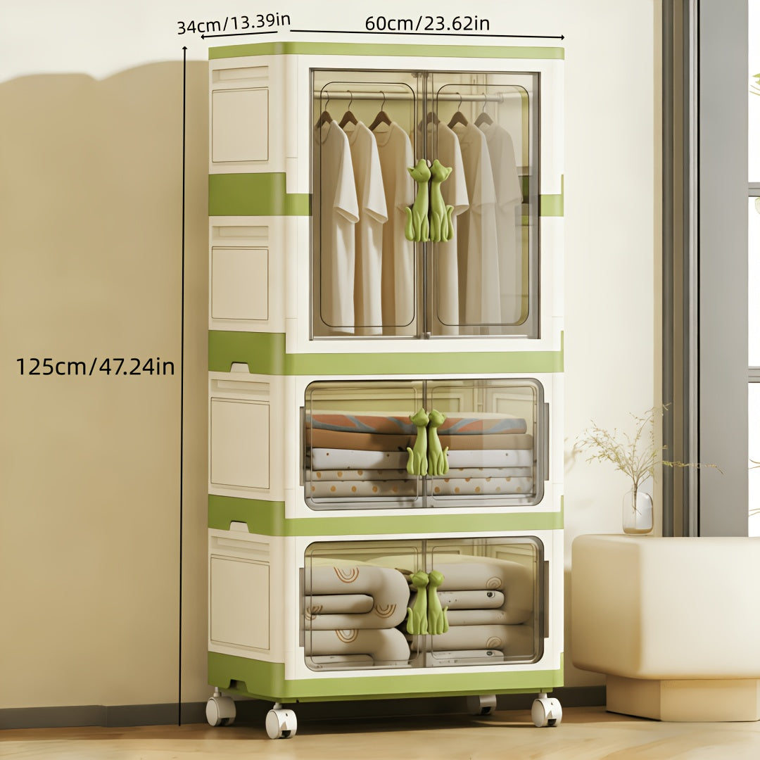 Portable Clothes Storage Organizer, Foldable Plastic Wardrobe with Wheels, 1\u002F2 Tier Stackable Clothing Organizer with Clear Magnetic Doors And Compartments, Ideal for Bedroom, Dorm, Small Space (Macaron Green), Portable Closets