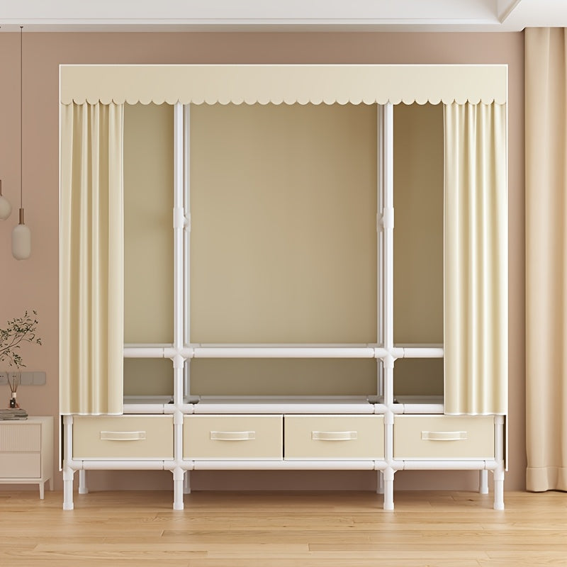 Portable Wardrobe with Drawers, Foldable, Beige, Minimalist Design, Includes Hanging Rod, 19mm Thickened Steel Tubing, Sturdy Multi-layer Storage Unit, Easy to Assemble, Suitable for Bedroom Use.