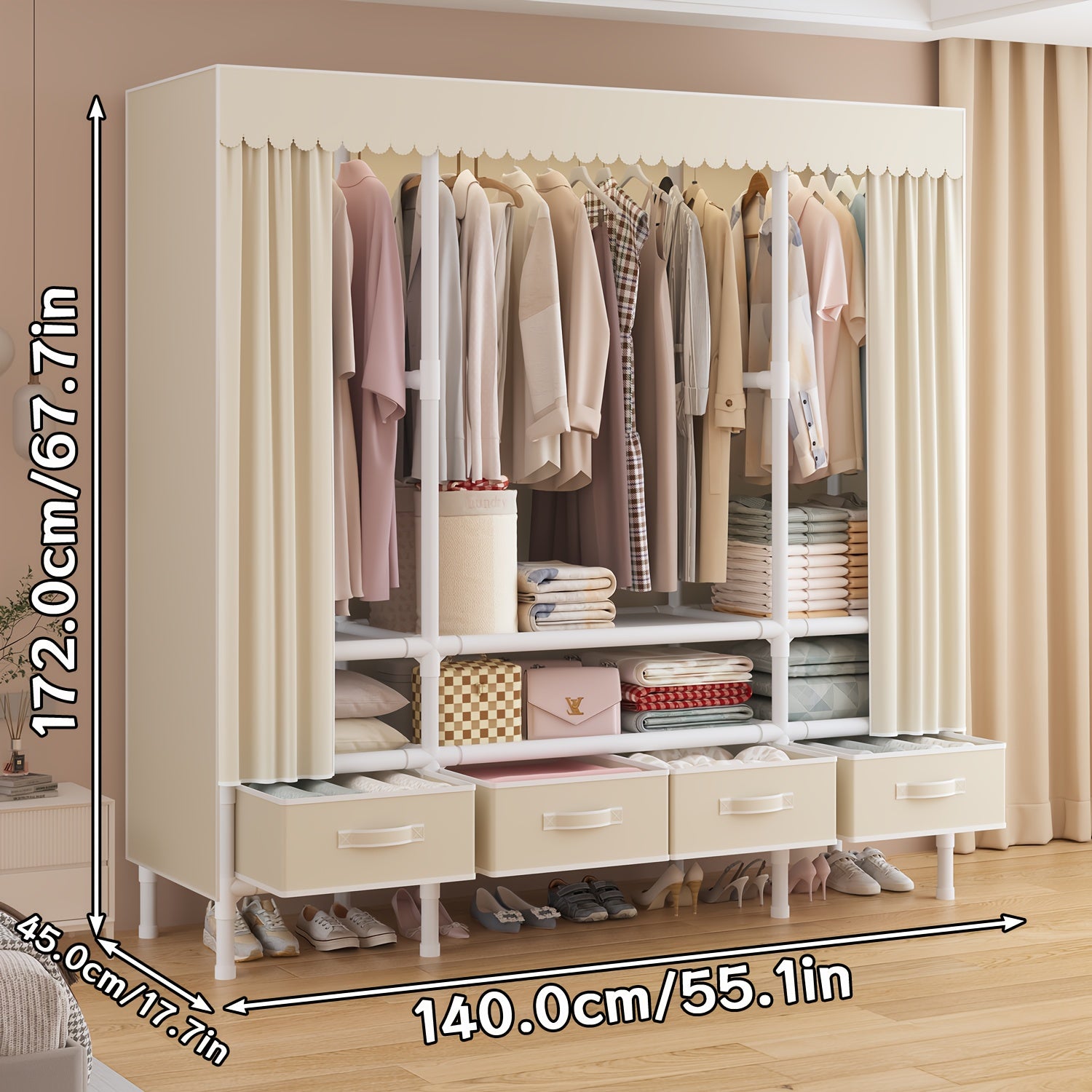 Portable Wardrobe with Drawers, Foldable, Beige, Minimalist Design, Includes Hanging Rod, 19mm Thickened Steel Tubing, Sturdy Multi-layer Storage Unit, Easy to Assemble, Suitable for Bedroom Use.