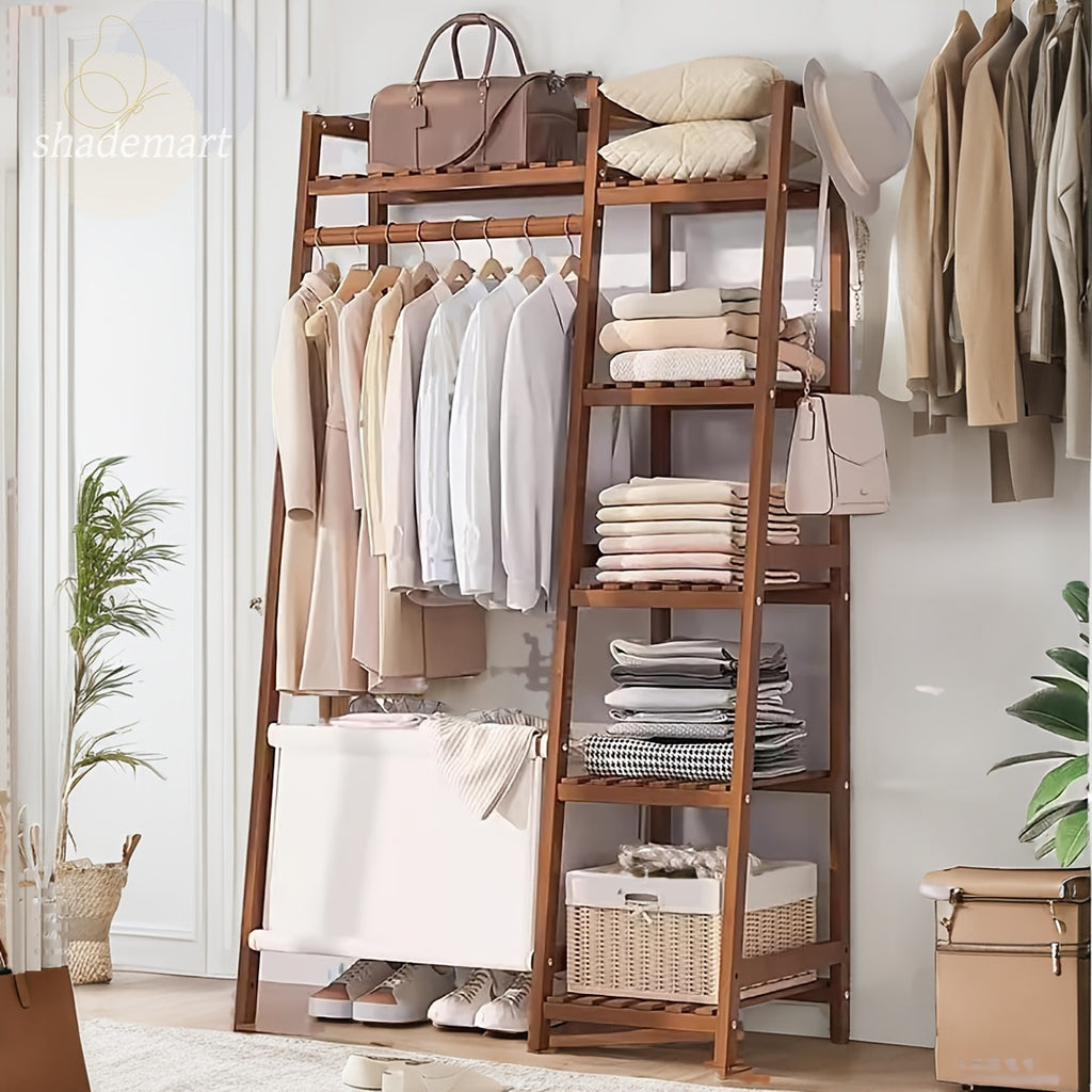 50.69in Apartment, bedroom Indispensable Cloth Bag Hangers 31.98in Portable Bamboo Wardrobe: Storage Organizer withHangers, Shelves, Bags, 5 Side Racks. Sturdy, Durable Quick & Easy Assembly. Ideal for Premium Stores, Laundry, Balconies.