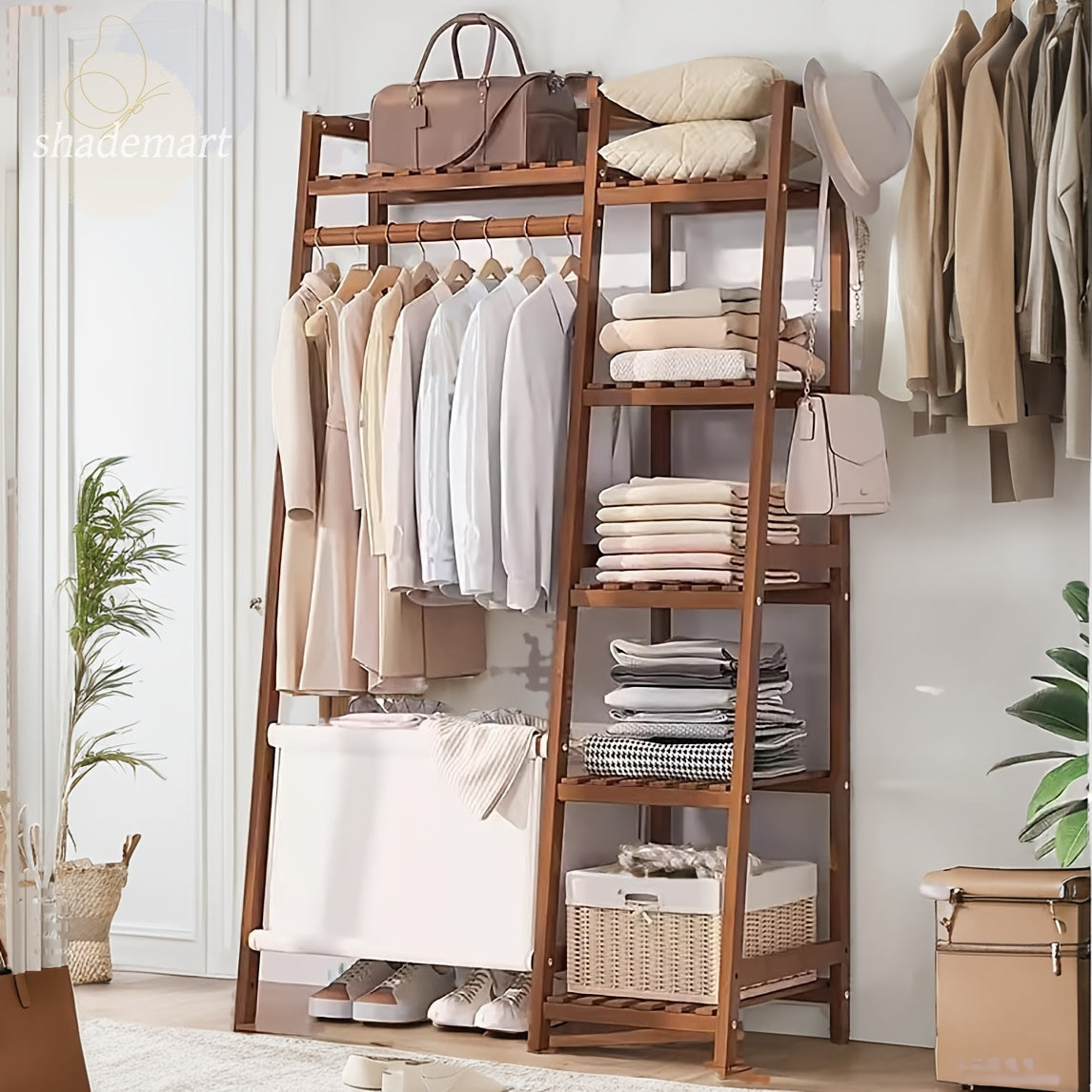 50.69in Apartment, bedroom Indispensable Cloth Bag Hangers 31.98in Portable Bamboo Wardrobe: Storage Organizer withHangers, Shelves, Bags, 5 Side Racks. Sturdy, Durable Quick & Easy Assembly. Ideal for Premium Stores, Laundry, Balconies.