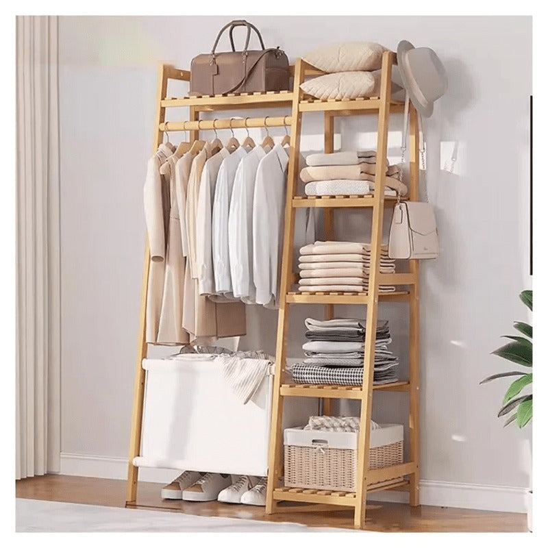 50.69in Apartment, bedroom Indispensable Cloth Bag Hangers 31.98in Portable Bamboo Wardrobe: Storage Organizer withHangers, Shelves, Bags, 5 Side Racks. Sturdy, Durable Quick & Easy Assembly. Ideal for Premium Stores, Laundry, Balconies.