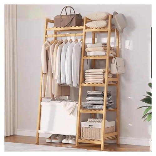 50.69in Apartment, bedroom Indispensable Cloth Bag Hangers 31.98in Portable Bamboo Wardrobe: Storage Organizer withHangers, Shelves, Bags, 5 Side Racks. Sturdy, Durable Quick & Easy Assembly. Ideal for Premium Stores, Laundry, Balconies.