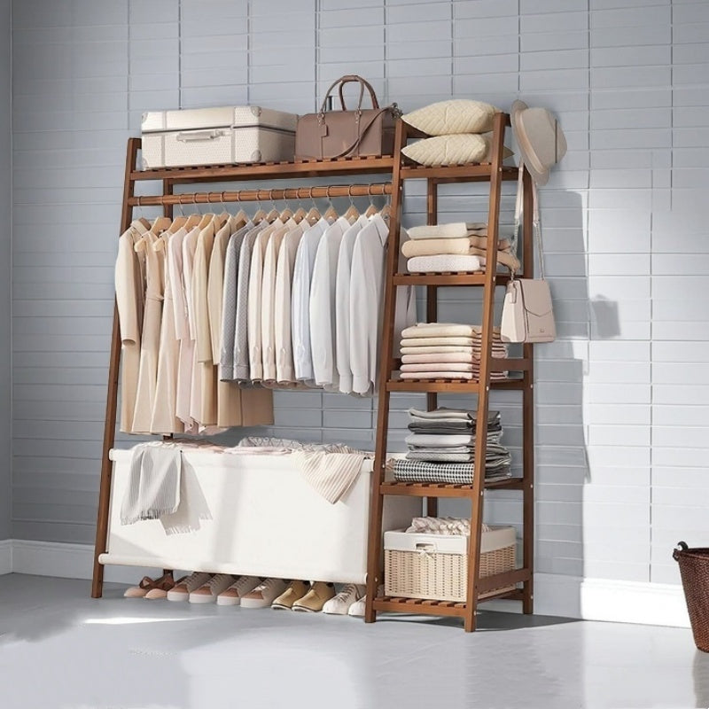 50.69in Apartment, bedroom Indispensable Cloth Bag Hangers 31.98in Portable Bamboo Wardrobe: Storage Organizer withHangers, Shelves, Bags, 5 Side Racks. Sturdy, Durable Quick & Easy Assembly. Ideal for Premium Stores, Laundry, Balconies.