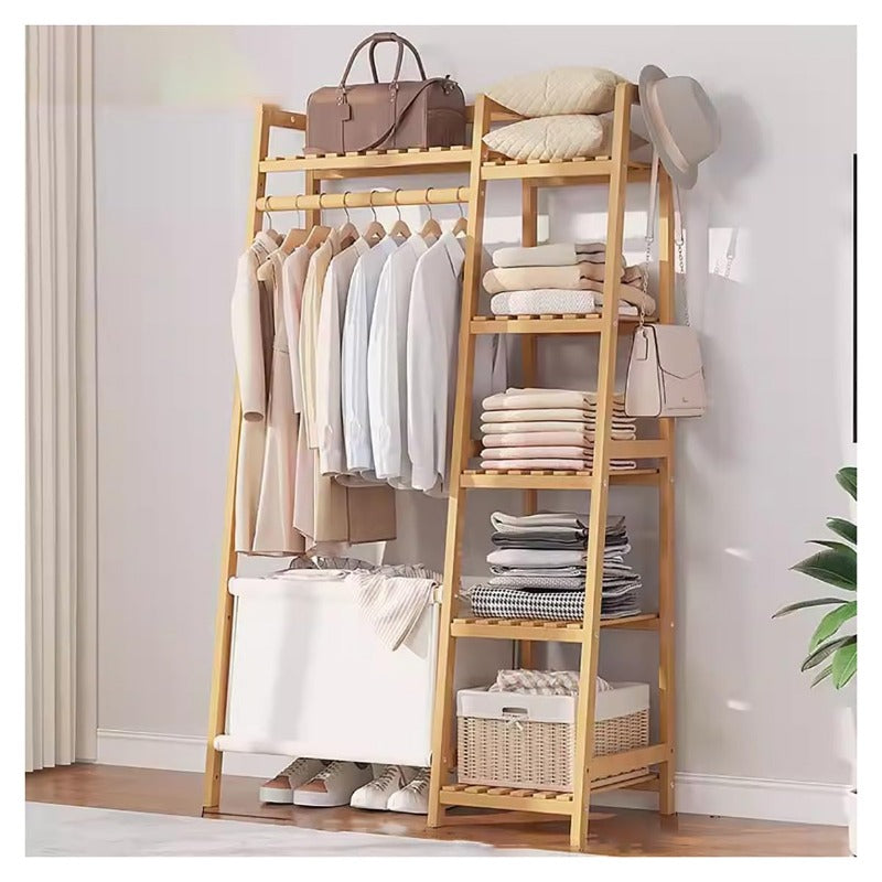 50.69in Apartment, bedroom Indispensable Cloth Bag Hangers 31.98in Portable Bamboo Wardrobe: Storage Organizer withHangers, Shelves, Bags, 5 Side Racks. Sturdy, Durable Quick & Easy Assembly. Ideal for Premium Stores, Laundry, Balconies.