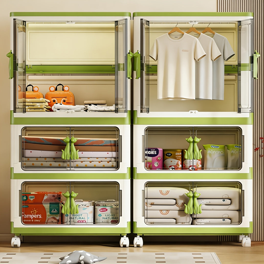 Portable Clothes Storage Organizer, Foldable Plastic Wardrobe with Wheels, 1\u002F2 Tier Stackable Clothing Organizer with Clear Magnetic Doors And Compartments, Ideal for Bedroom, Dorm, Small Space (Macaron Green), Portable Closets