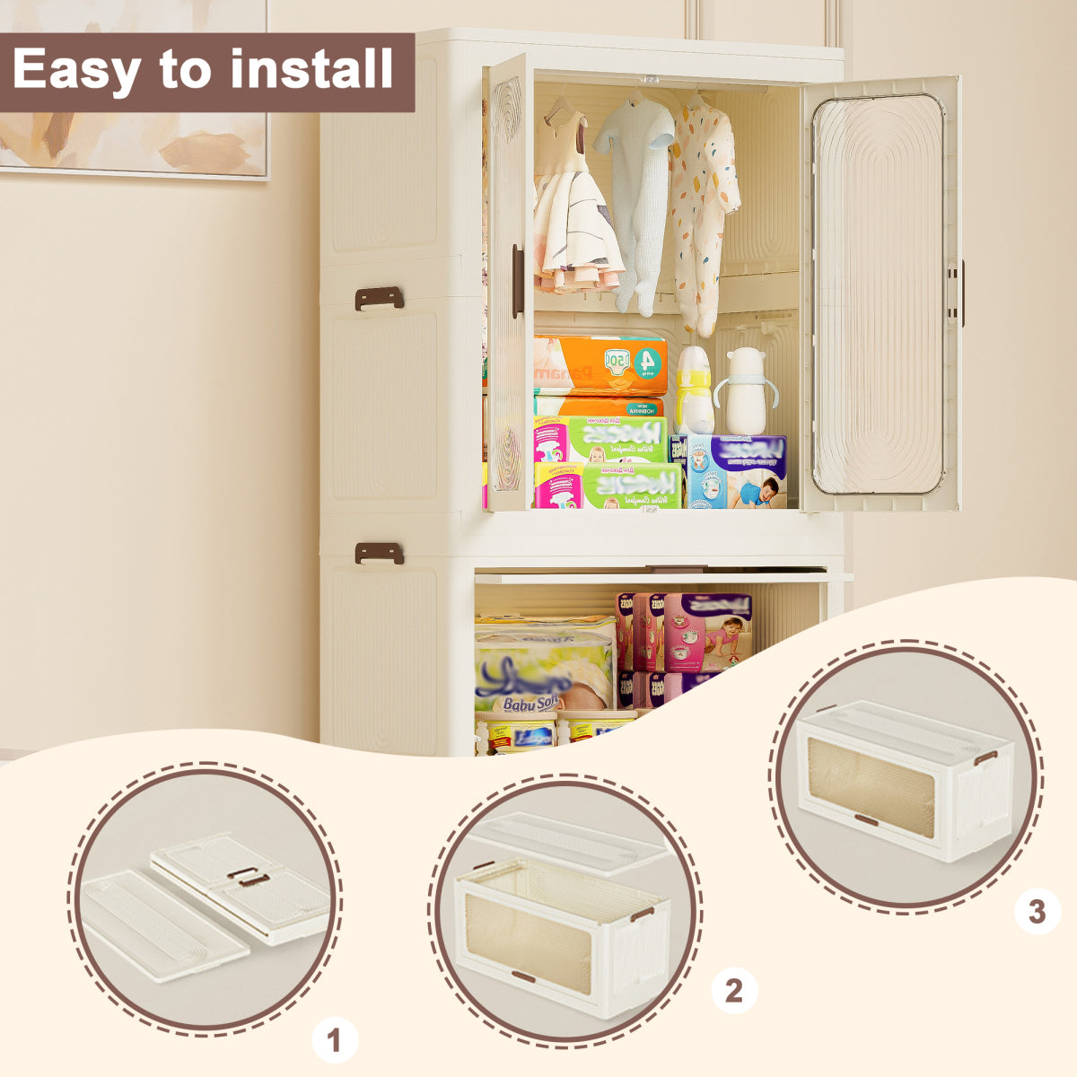 Portable Clothing Storage Organizer with a Wardrobe Design, Featuring a Dresser, Magnetic Closure, 4 Cubes, a Hanging Rod, And 10 Hangers, Available in White, Portable Closets