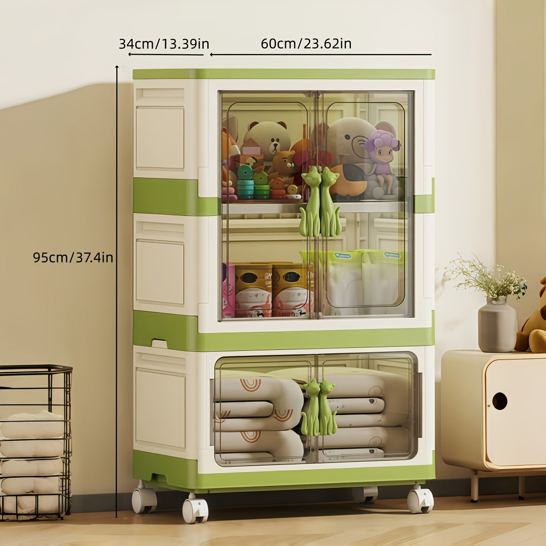 Portable Clothes Storage Organizer, Foldable Plastic Wardrobe with Wheels, 1\u002F2 Tier Stackable Clothing Organizer with Clear Magnetic Doors And Compartments, Ideal for Bedroom, Dorm, Small Space (Macaron Green), Portable Closets