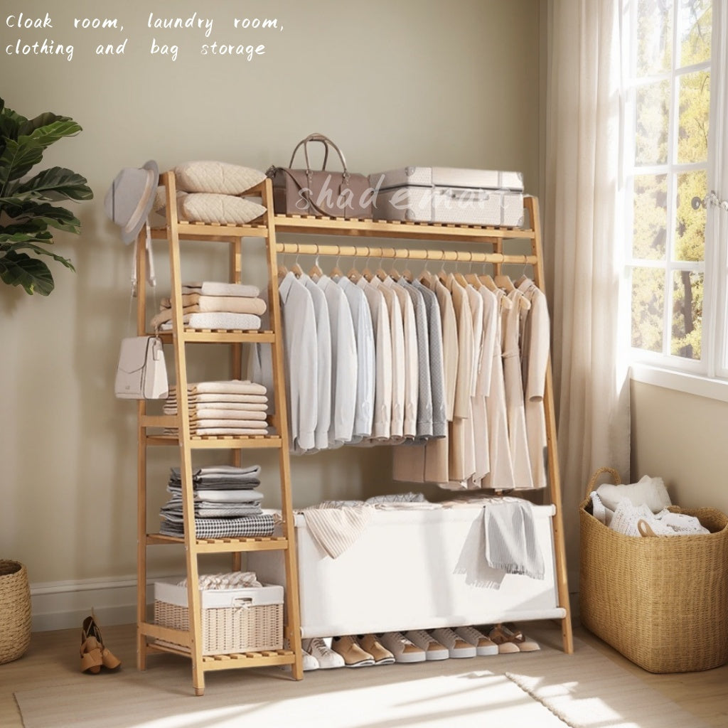 50.69in Apartment, bedroom Indispensable Cloth Bag Hangers 31.98in Portable Bamboo Wardrobe: Storage Organizer withHangers, Shelves, Bags, 5 Side Racks. Sturdy, Durable Quick & Easy Assembly. Ideal for Premium Stores, Laundry, Balconies.