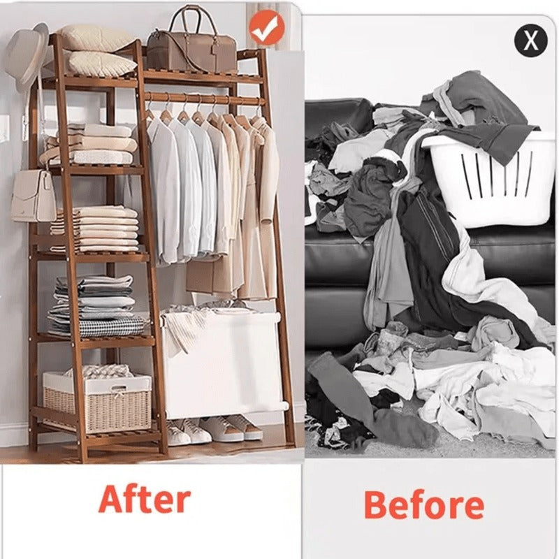 50.69in Apartment, bedroom Indispensable Cloth Bag Hangers 31.98in Portable Bamboo Wardrobe: Storage Organizer withHangers, Shelves, Bags, 5 Side Racks. Sturdy, Durable Quick & Easy Assembly. Ideal for Premium Stores, Laundry, Balconies.
