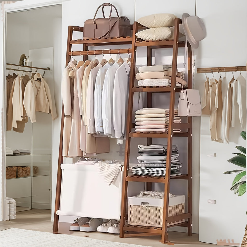 50.69in Apartment, bedroom Indispensable Cloth Bag Hangers 31.98in Portable Bamboo Wardrobe: Storage Organizer withHangers, Shelves, Bags, 5 Side Racks. Sturdy, Durable Quick & Easy Assembly. Ideal for Premium Stores, Laundry, Balconies.