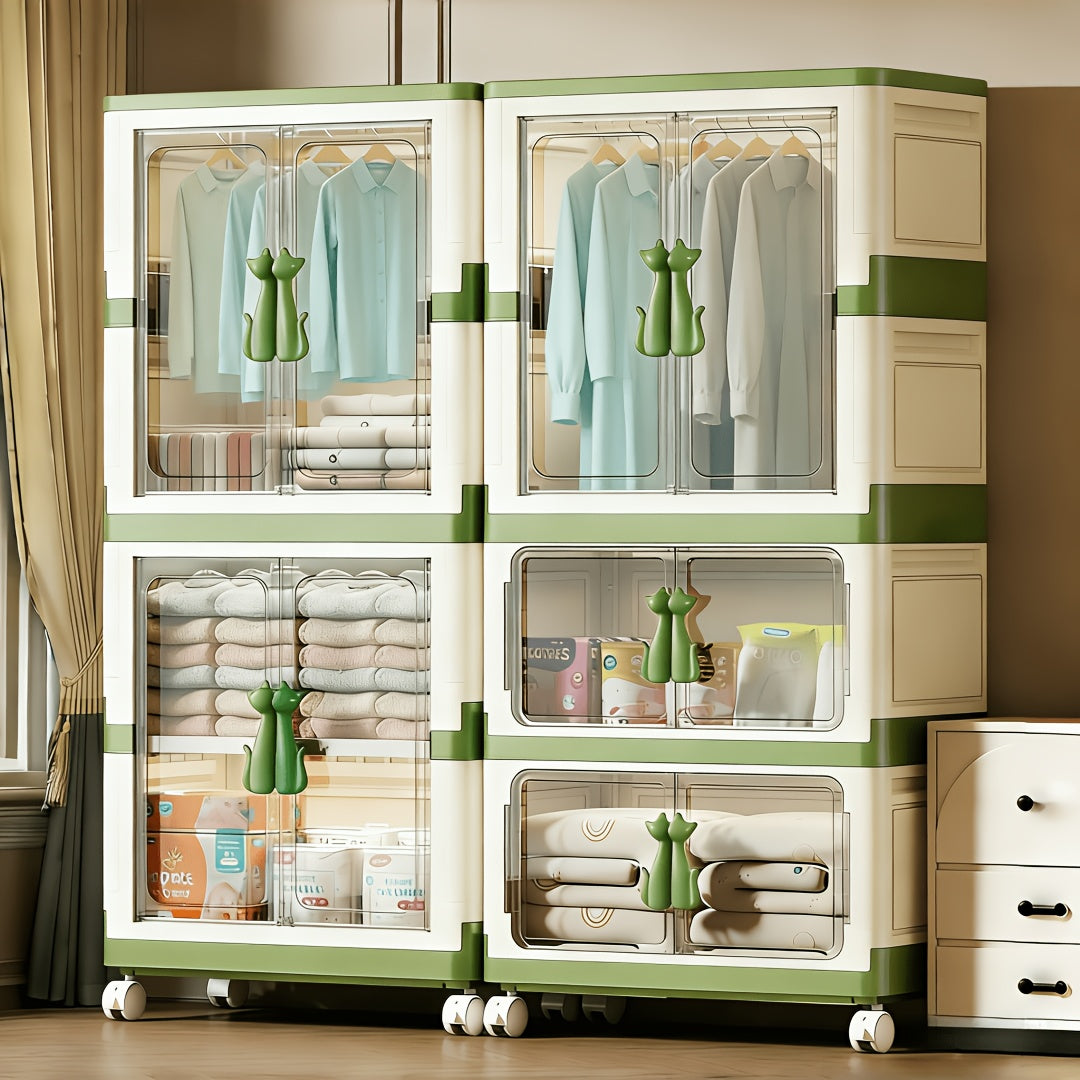 Portable Clothes Storage Organizer, Foldable Plastic Wardrobe with Wheels, 1\u002F2 Tier Stackable Clothing Organizer with Clear Magnetic Doors And Compartments, Ideal for Bedroom, Dorm, Small Space (Macaron Green), Portable Closets