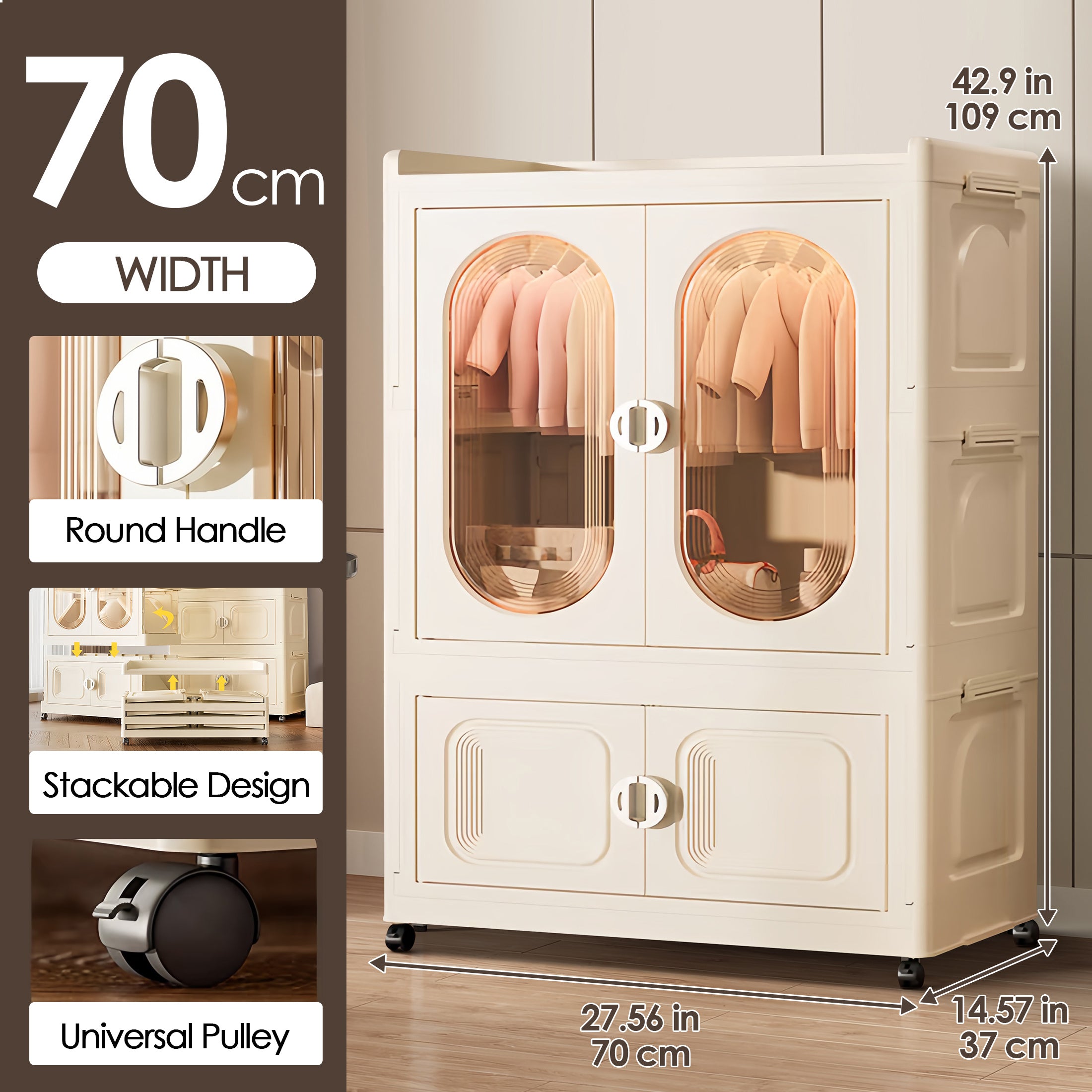 Foldable Clothes Closet Storage Portable Closet Organizer Clothes Rack with Hanging with Hanging Rods, Clothes Organization and Storage, Folding Wardrobe for Bedroom, Office, Dorm Room, Easy Assemble, Cream Yellow