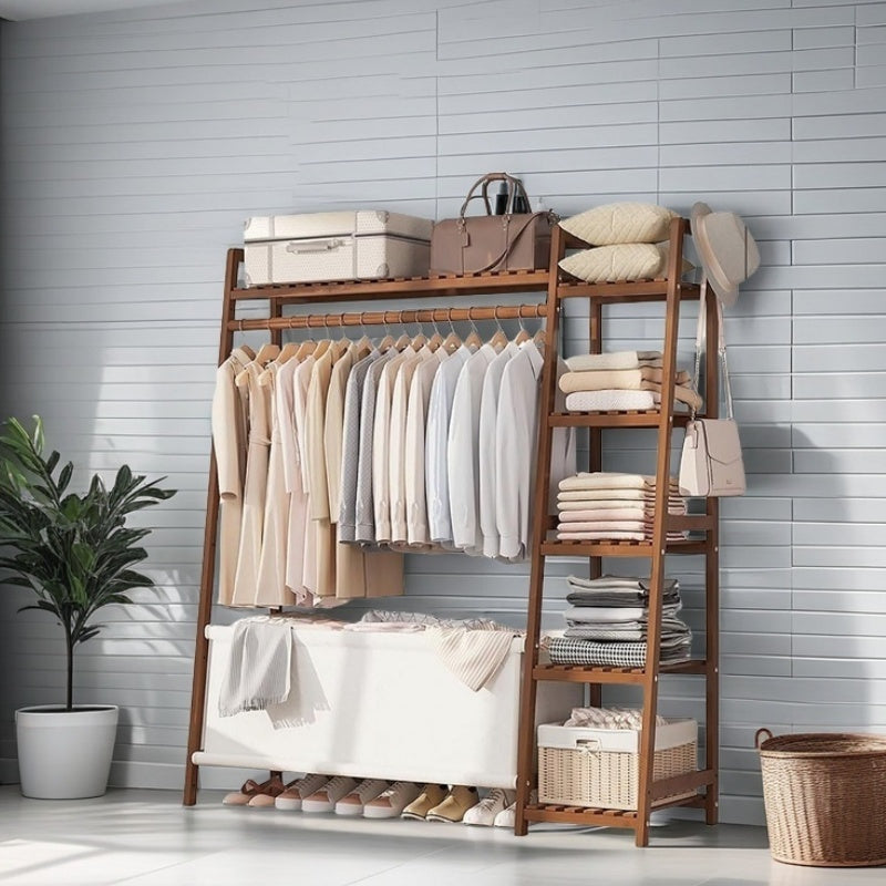 50.69in Apartment, bedroom Indispensable Cloth Bag Hangers 31.98in Portable Bamboo Wardrobe: Storage Organizer withHangers, Shelves, Bags, 5 Side Racks. Sturdy, Durable Quick & Easy Assembly. Ideal for Premium Stores, Laundry, Balconies.