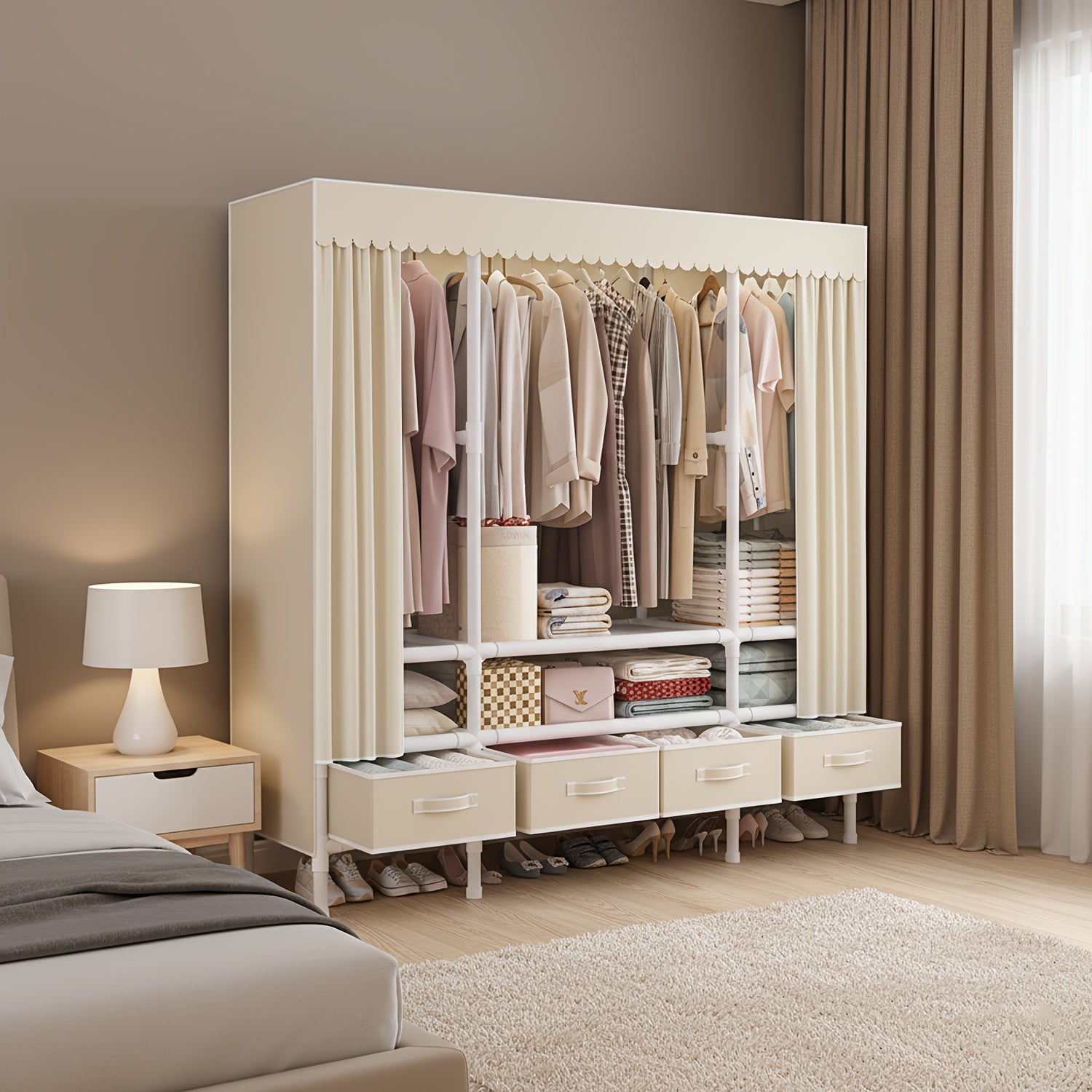 Portable Wardrobe with Drawers, Foldable, Beige, Minimalist Design, Includes Hanging Rod, 19mm Thickened Steel Tubing, Sturdy Multi-layer Storage Unit, Easy to Assemble, Suitable for Bedroom Use.