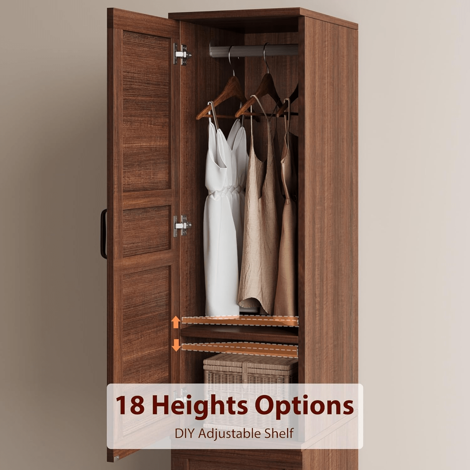 Heavy-Duty Walnut Armoire Wardrobe Closet with 2 Doors, 72-Inch Height, Hanging Rod & 18 Adjustable Shelves - Narrow Brown Wood Suitable for Bedroom, Dressing Room, Small Spaces, Space-Saving Organizer, Portable Closets
