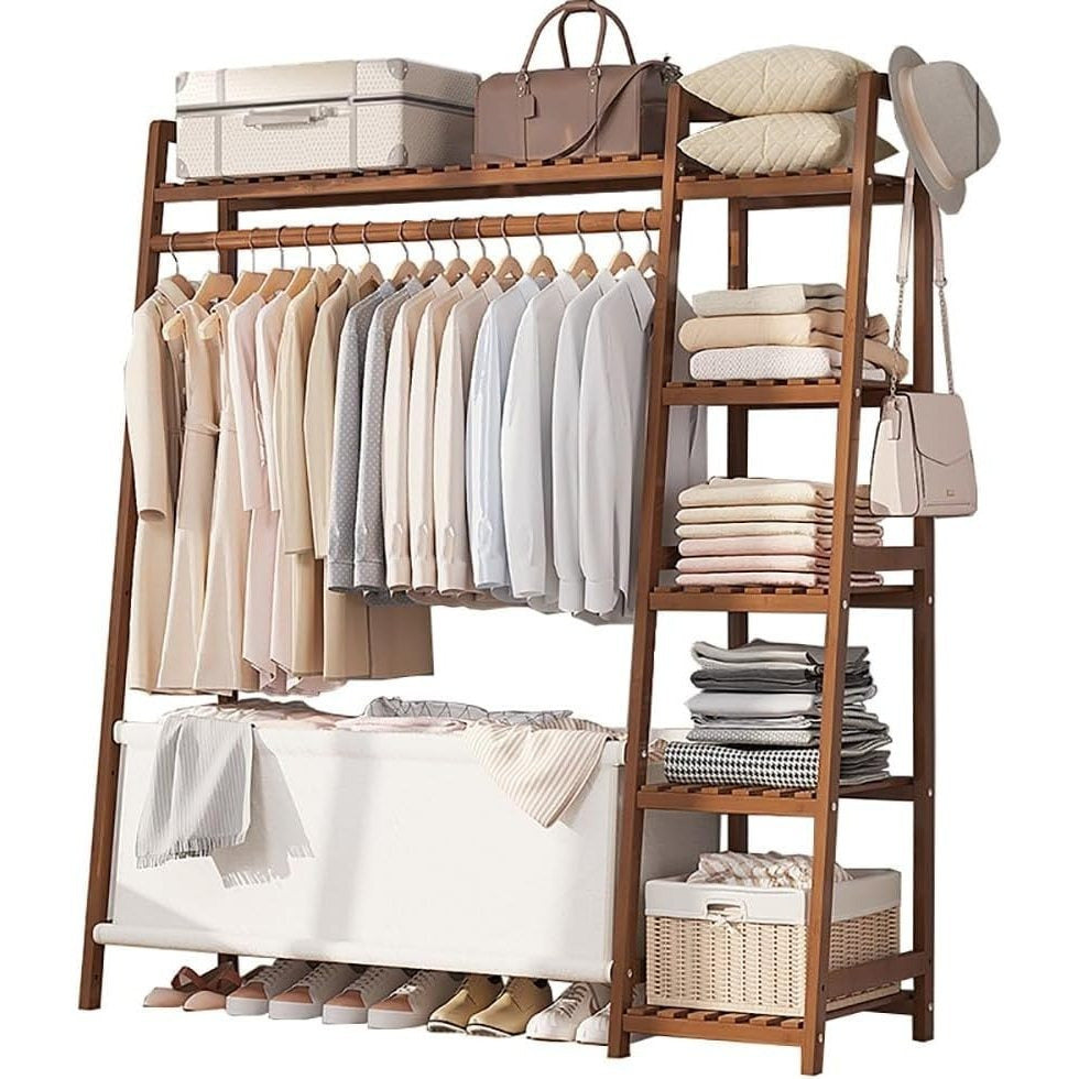 50.69in Apartment, bedroom Indispensable Cloth Bag Hangers 31.98in Portable Bamboo Wardrobe: Storage Organizer withHangers, Shelves, Bags, 5 Side Racks. Sturdy, Durable Quick & Easy Assembly. Ideal for Premium Stores, Laundry, Balconies.
