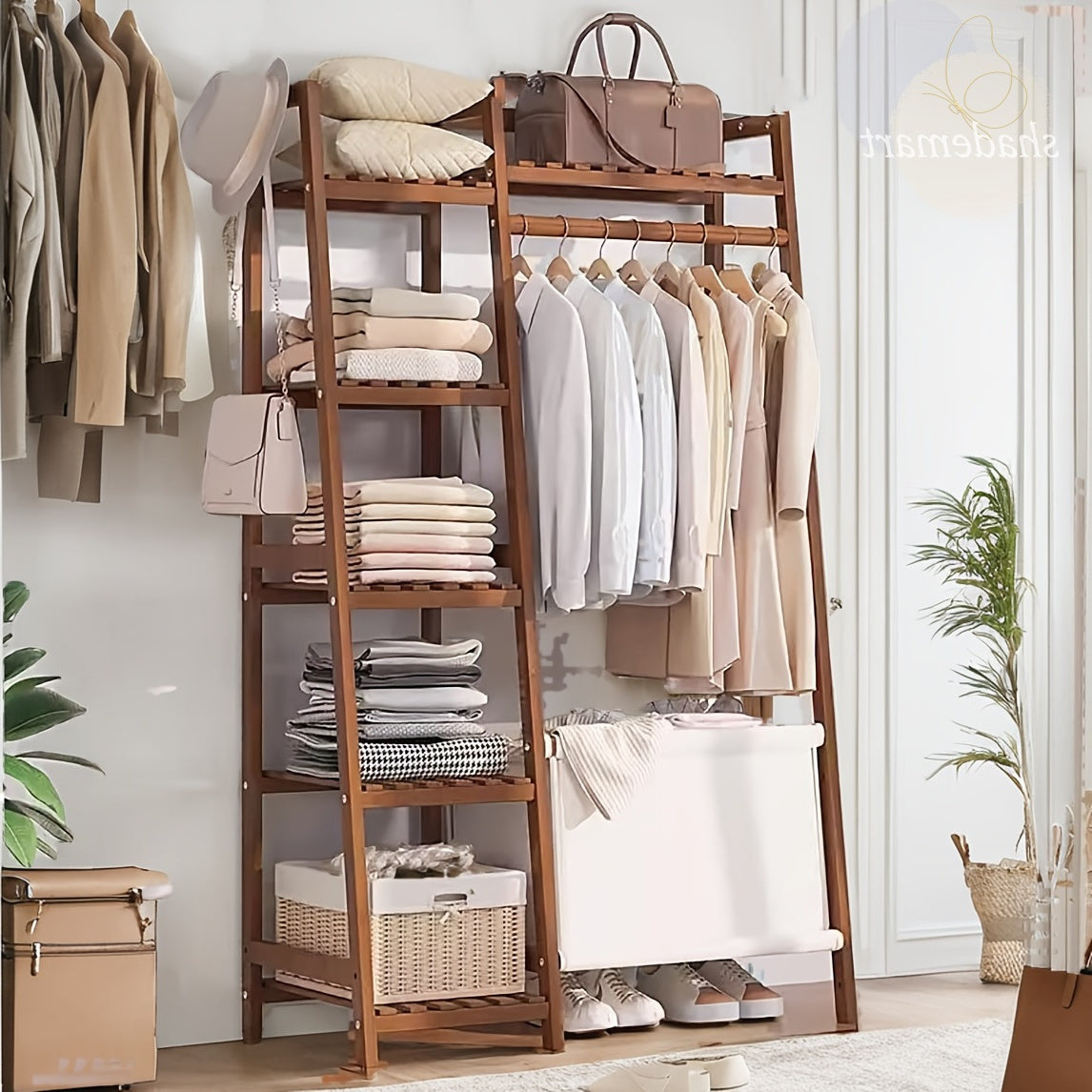 50.69in Apartment, bedroom Indispensable Cloth Bag Hangers 31.98in Portable Bamboo Wardrobe: Storage Organizer withHangers, Shelves, Bags, 5 Side Racks. Sturdy, Durable Quick & Easy Assembly. Ideal for Premium Stores, Laundry, Balconies.