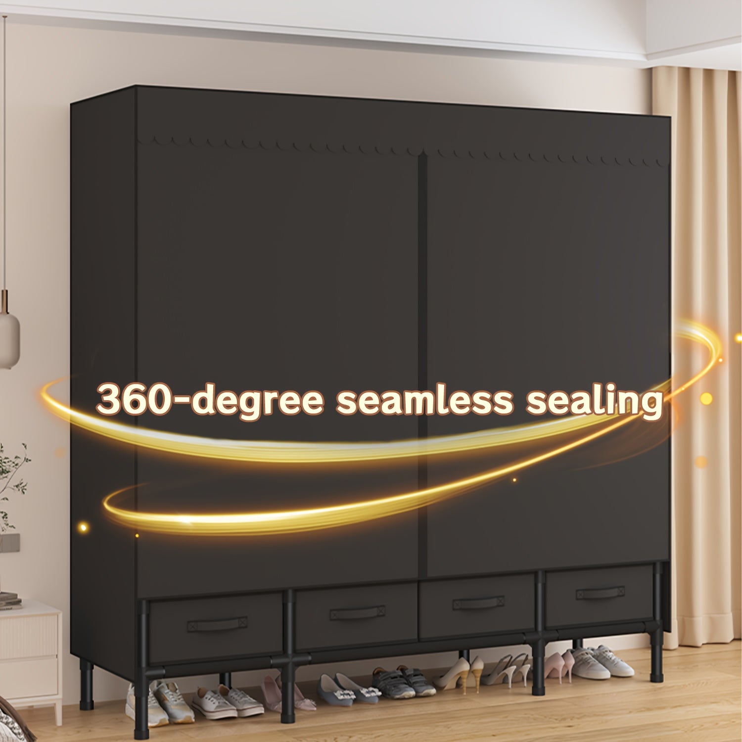 Portable Wardrobe with Drawers, Foldable, Beige, Minimalist Design, Includes Hanging Rod, 19mm Thickened Steel Tubing, Sturdy Multi-layer Storage Unit, Easy to Assemble, Suitable for Bedroom Use.