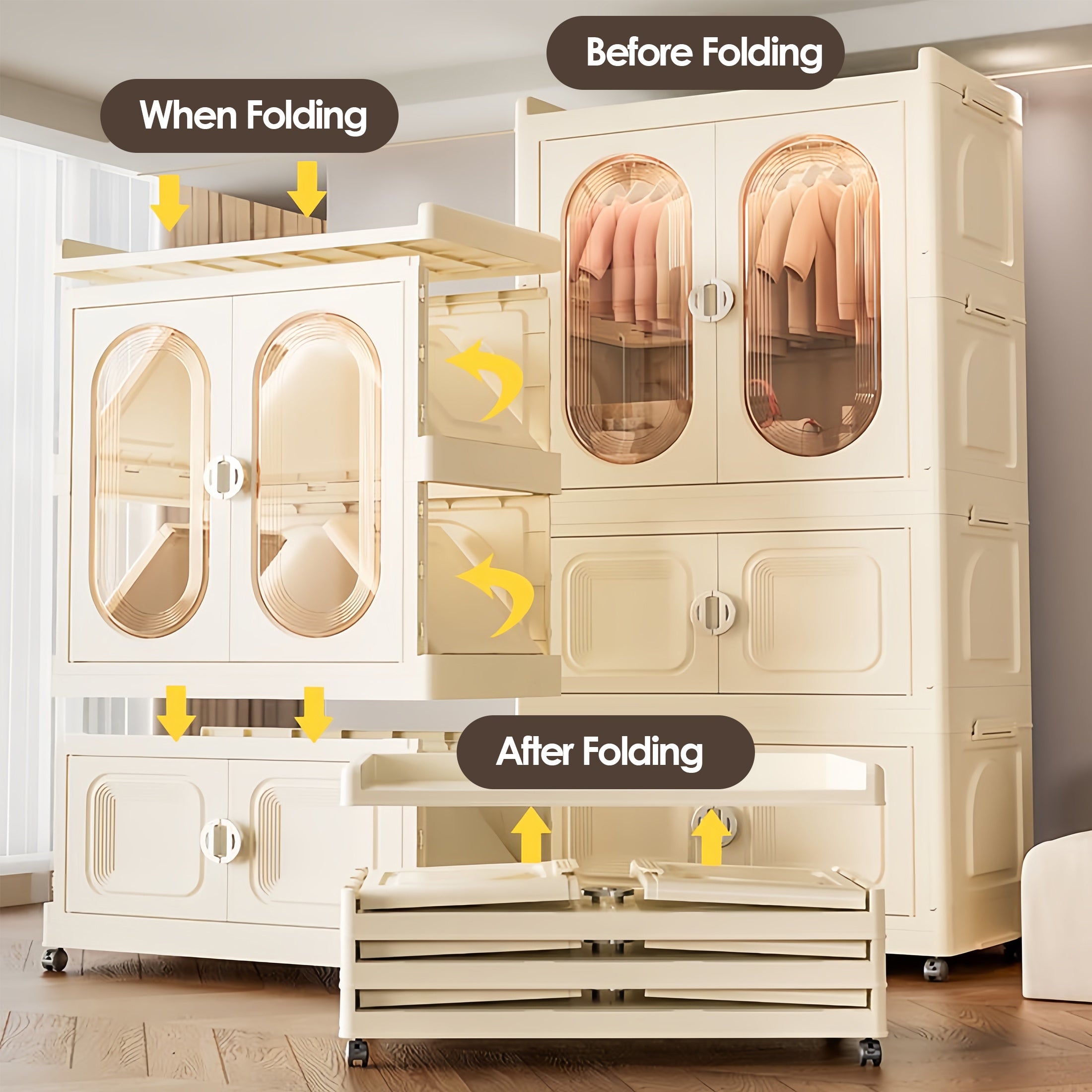 Foldable Clothes Closet Storage Portable Closet Organizer Clothes Rack with Hanging with Hanging Rods, Clothes Organization and Storage, Folding Wardrobe for Bedroom, Office, Dorm Room, Easy Assemble, Cream Yellow