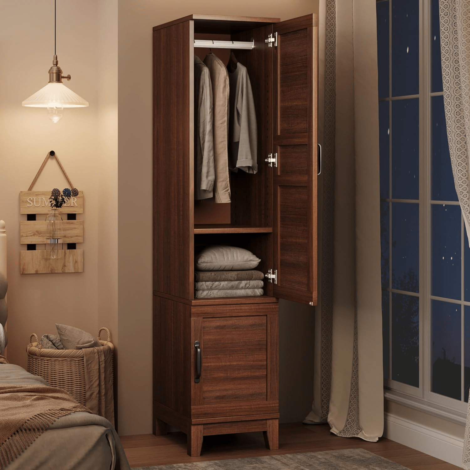 Heavy-Duty Walnut Armoire Wardrobe Closet with 2 Doors, 72-Inch Height, Hanging Rod & 18 Adjustable Shelves - Narrow Brown Wood Suitable for Bedroom, Dressing Room, Small Spaces, Space-Saving Organizer, Portable Closets