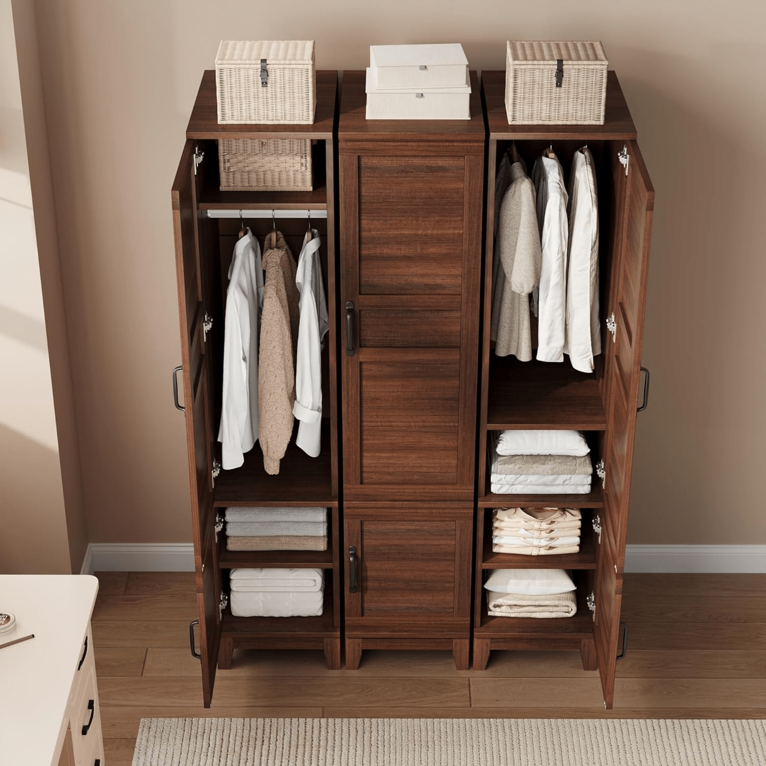 Heavy-Duty Walnut Armoire Wardrobe Closet with 2 Doors, 72-Inch Height, Hanging Rod & 18 Adjustable Shelves - Narrow Brown Wood Suitable for Bedroom, Dressing Room, Small Spaces, Space-Saving Organizer, Portable Closets