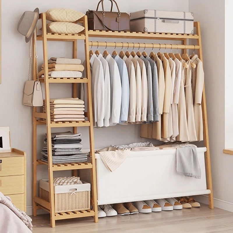 50.69in Apartment, bedroom Indispensable Cloth Bag Hangers 31.98in Portable Bamboo Wardrobe: Storage Organizer withHangers, Shelves, Bags, 5 Side Racks. Sturdy, Durable Quick & Easy Assembly. Ideal for Premium Stores, Laundry, Balconies.