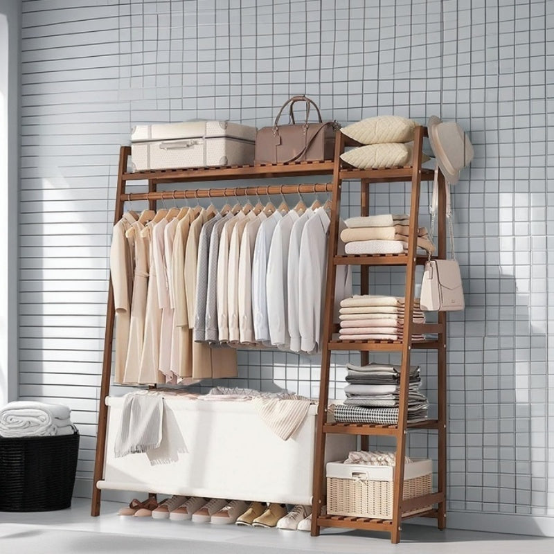 50.69in Apartment, bedroom Indispensable Cloth Bag Hangers 31.98in Portable Bamboo Wardrobe: Storage Organizer withHangers, Shelves, Bags, 5 Side Racks. Sturdy, Durable Quick & Easy Assembly. Ideal for Premium Stores, Laundry, Balconies.